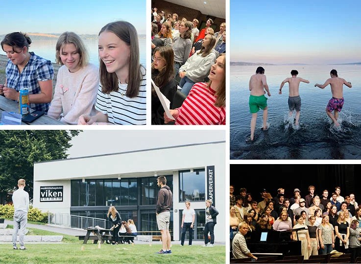 Kollasj med elever som synger kor og koser seg utendørs